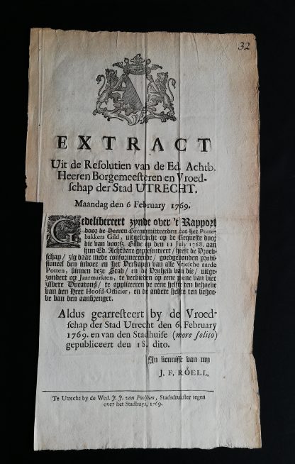 Extract. 6 February 1769 over invoer en verkoop van Vriesche aarden Potten (Pottenbakkersgilde)