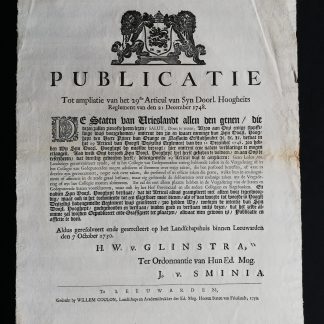Publicatie tot Ampliatie van het 29 ste Articul van Syn. Doorl. Hoogheits Reglement van den 21 December 1748. op 7 October 1750