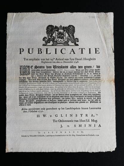 Publicatie tot Ampliatie van het 29 ste Articul van Syn. Doorl. Hoogheits Reglement van den 21 December 1748. op 7 October 1750